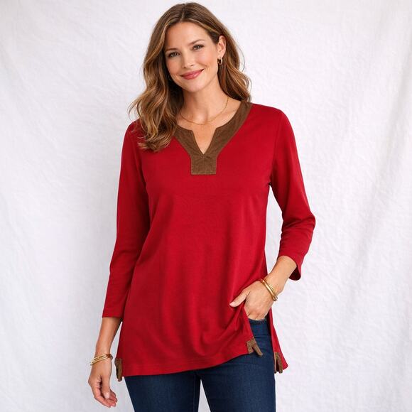 Lauren Ralph Lauren Tops - Lauren Ralph Lauren Red V Neck Top with Faux Suede Trim Size Large
